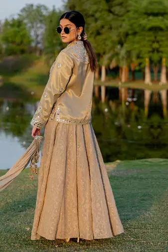 Beige Tissue Embroidered Jacket Kurta Skirt Set