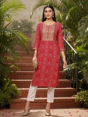 women pink viscose rayon bandhani embroidered straight kurta 5