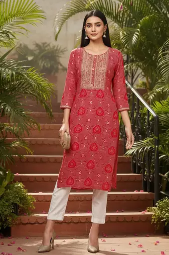 women pink viscose rayon bandhani embroidered straight kurta