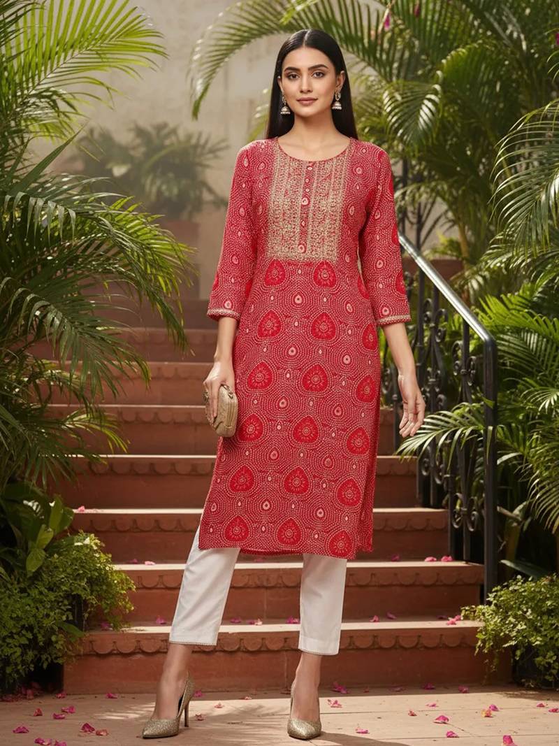 women pink viscose rayon bandhani embroidered straight kurta