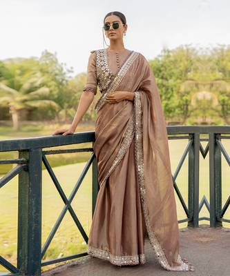 Brown tissue embroidered saree set 1