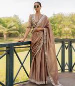 Brown tissue embroidered saree set