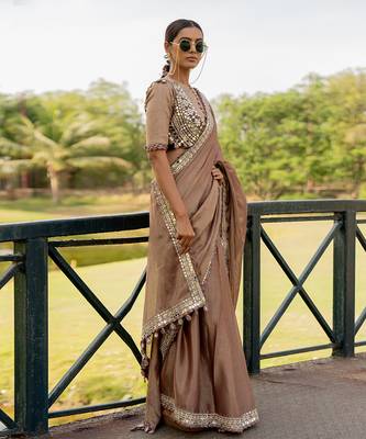 Brown tissue embroidered saree set 2