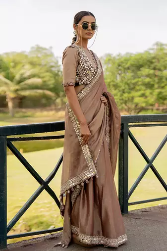 Brown tissue embroidered saree set