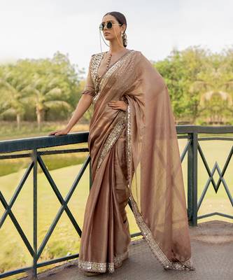 Brown tissue embroidered saree set 3