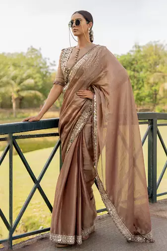 Brown tissue embroidered saree set