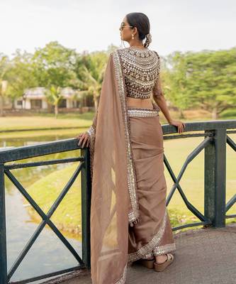 Brown tissue embroidered saree set 4