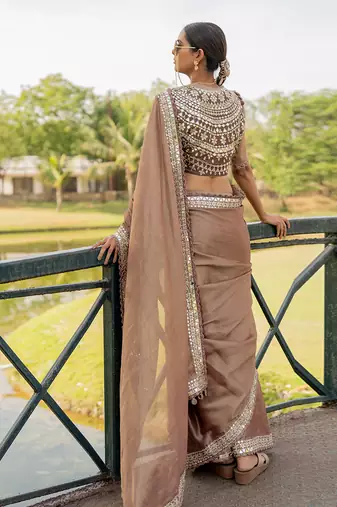 Brown tissue embroidered saree set