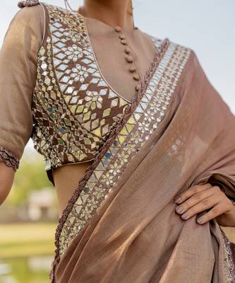 Brown tissue embroidered saree set 5