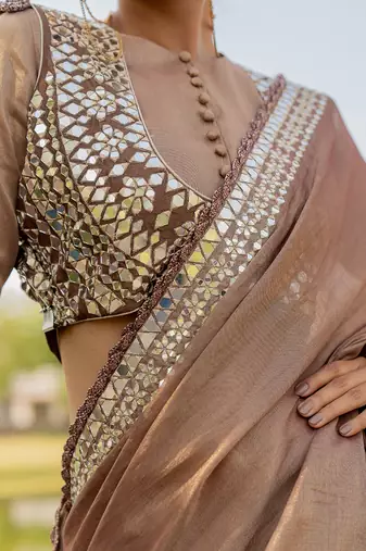 Brown tissue embroidered saree set