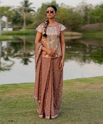 Beige tissue floral jaal work pre-draped saree set 1