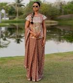 Beige tissue floral jaal work pre-draped saree set