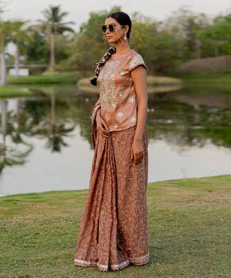 Beige tissue floral jaal work pre-draped saree set 2