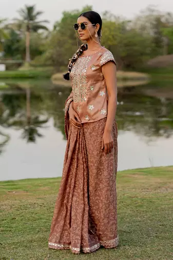 Beige tissue floral jaal work pre-draped saree set