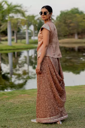 Beige tissue floral jaal work pre-draped saree set
