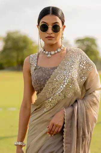 Silver tissue embroidered saree set