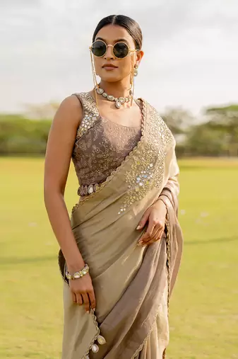 Silver tissue embroidered saree set