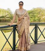 Beige tissue embroidered saree set