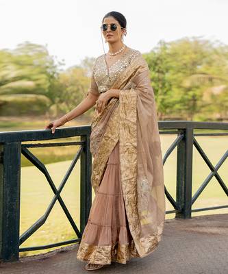 Beige tissue embroidered saree set 2