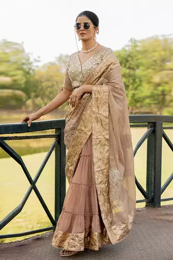 Beige tissue embroidered saree set
