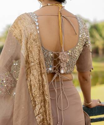 Beige tissue embroidered saree set 3