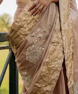 Beige tissue embroidered saree set 4