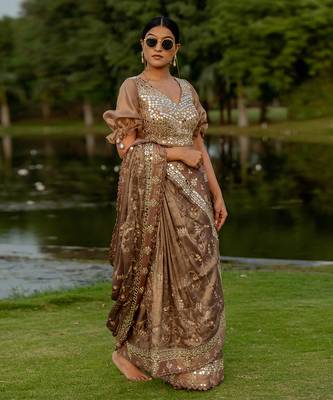 Brown tissue embroidered saree set 2