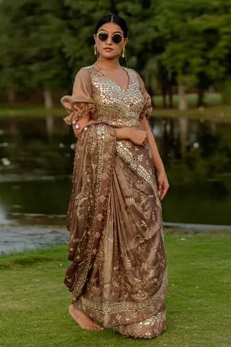 Brown tissue embroidered saree set