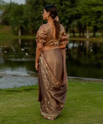 Brown tissue embroidered saree set 3