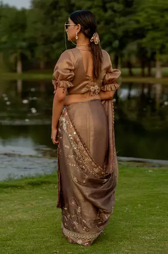 Brown tissue embroidered saree set