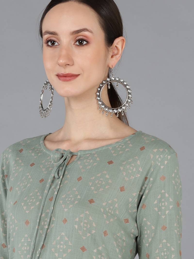 women green cotton geometric printed straight kurta