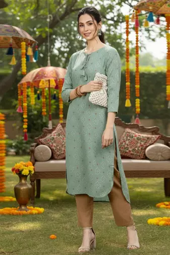 women green cotton geometric printed straight kurta