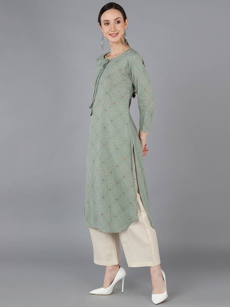 women green cotton geometric printed straight kurta