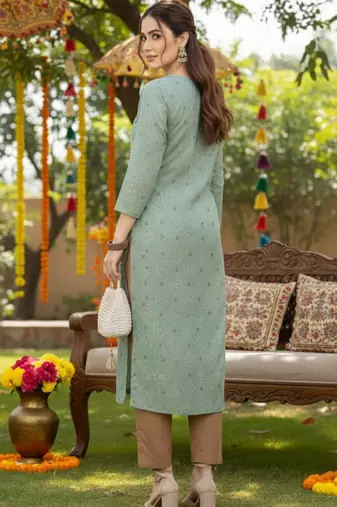 women green cotton geometric printed straight kurta