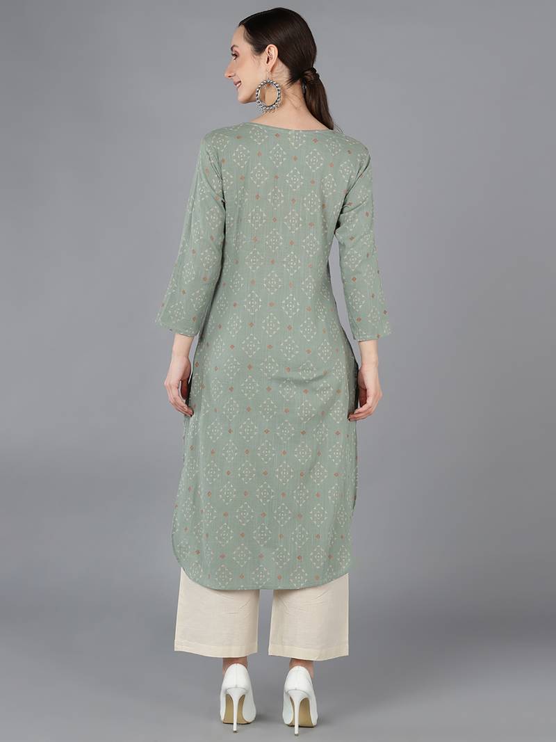 women green cotton geometric printed straight kurta