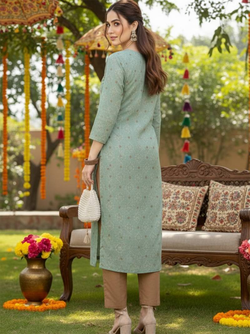 women green cotton geometric printed straight kurta