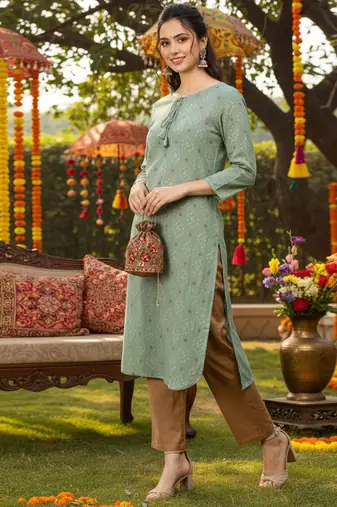 women green cotton geometric printed straight kurta