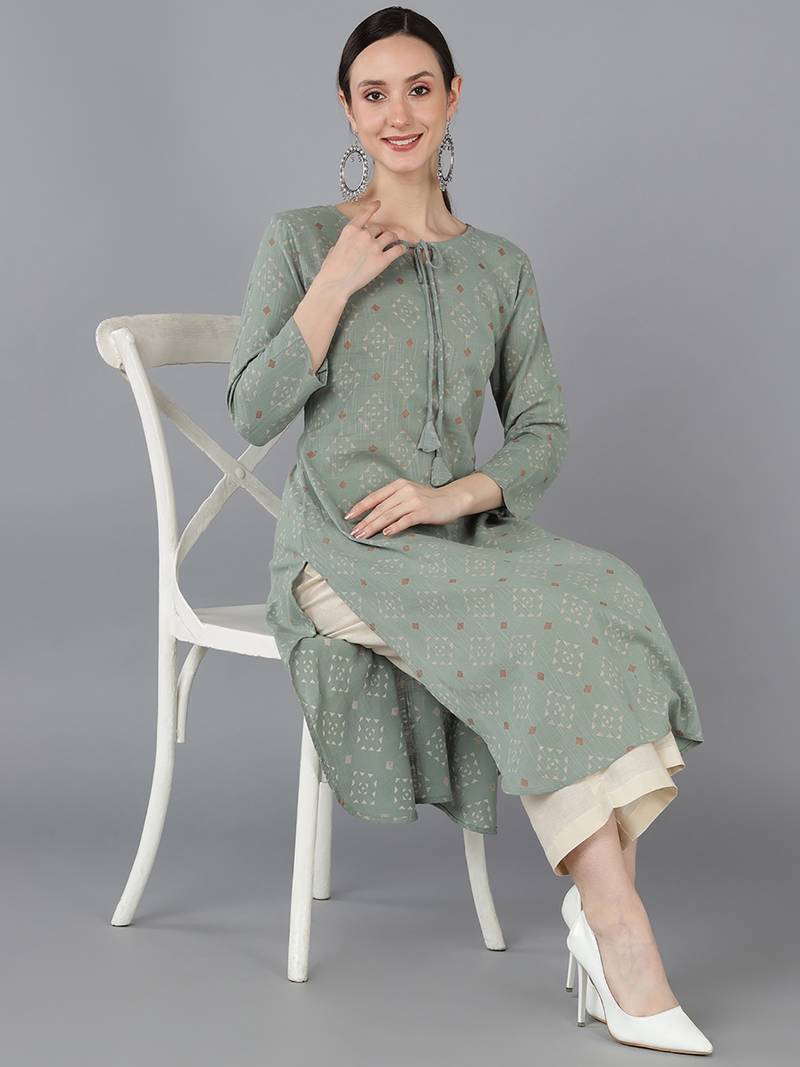 women green cotton geometric printed straight kurta