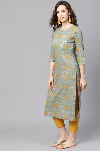 women green rayon blend ethnic motifs printed straight kurta