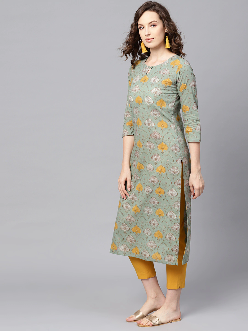 women green rayon blend ethnic motifs printed straight kurta