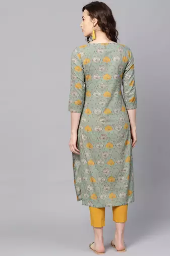 women green rayon blend ethnic motifs printed straight kurta