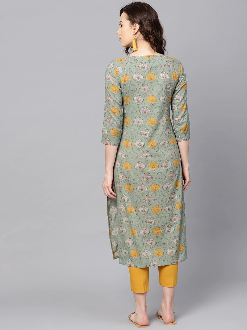 women green rayon blend ethnic motifs printed straight kurta