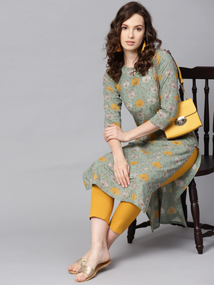 women green rayon blend ethnic motifs printed straight kurta 5