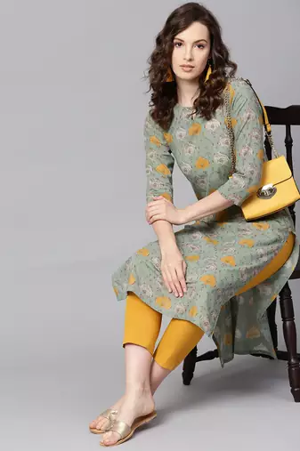 women green rayon blend ethnic motifs printed straight kurta