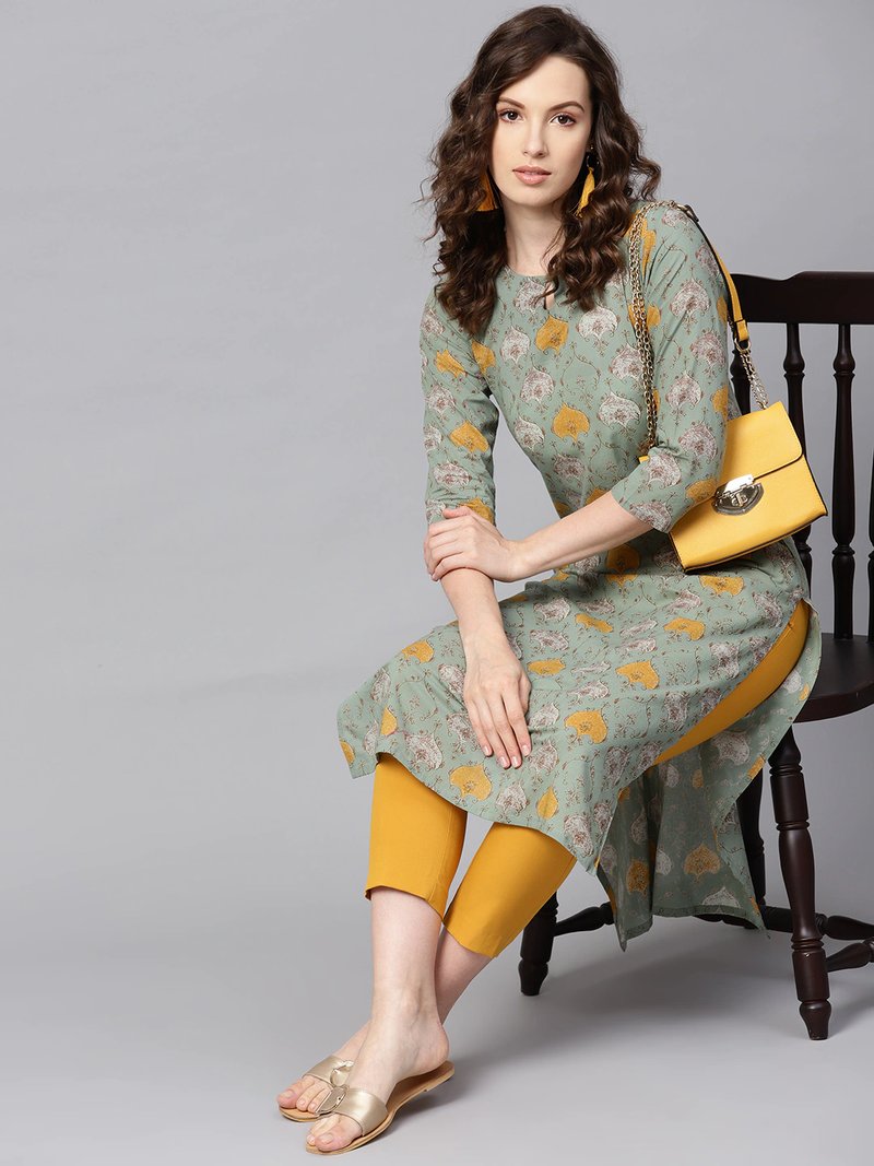 women green rayon blend ethnic motifs printed straight kurta