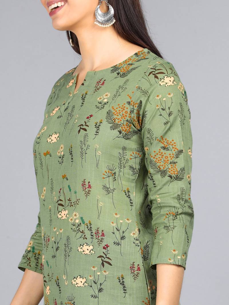 women green cotton floral printed straight kurta