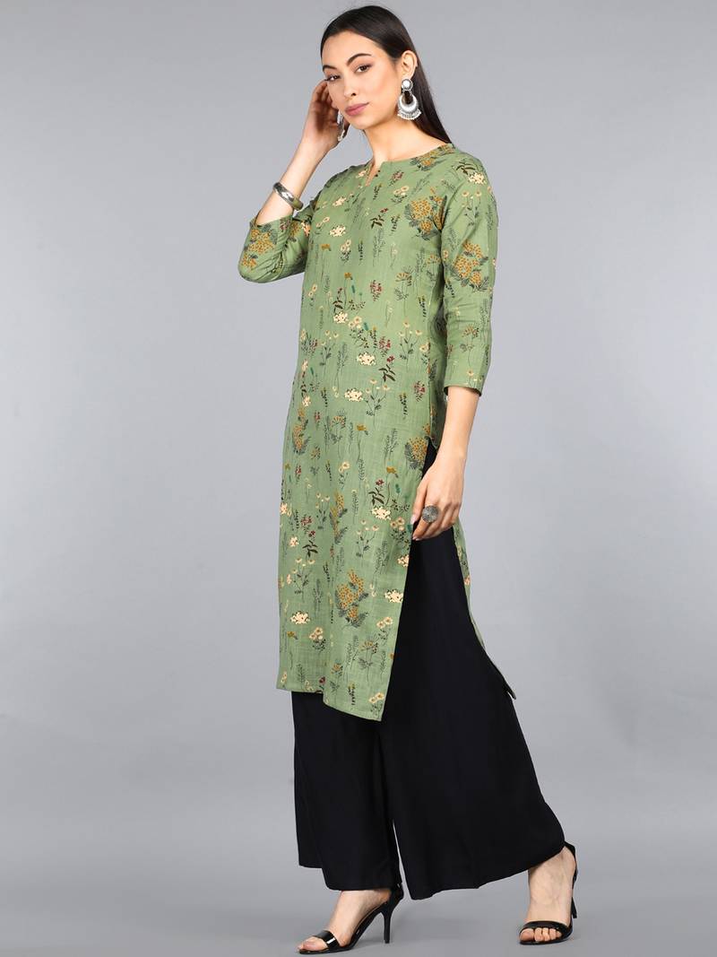 women green cotton floral printed straight kurta