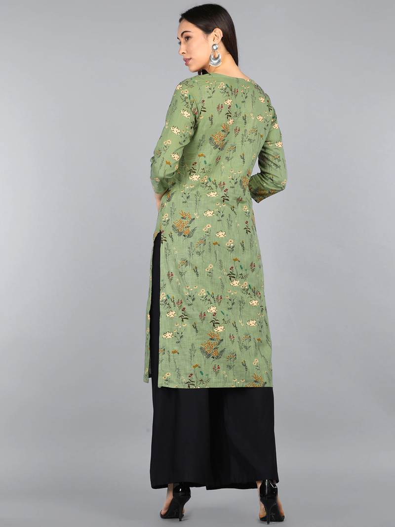 women green cotton floral printed straight kurta