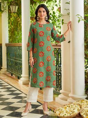 women green cotton ethnic motifs printed straight kurta 3