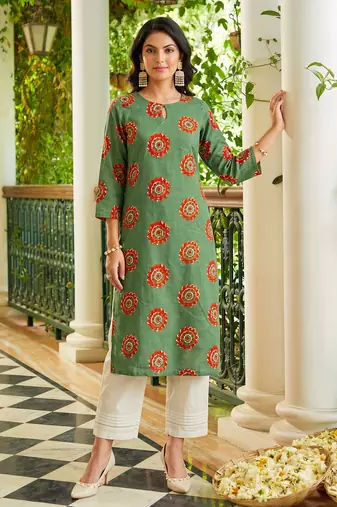 women green cotton ethnic motifs printed straight kurta